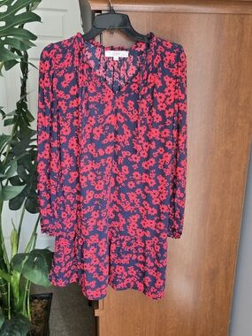 LOFT Navy Long-Sleeve Dress with Bright Red Floral Print
